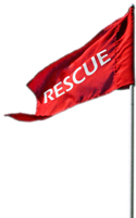Una bandera roja con la palabra RESCUE escrita en letras blancas